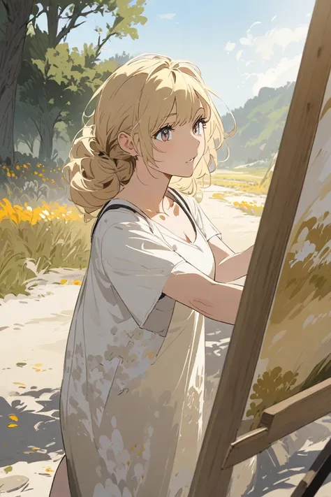 Blond-haired woman painting on a canvas the beautiful landscape