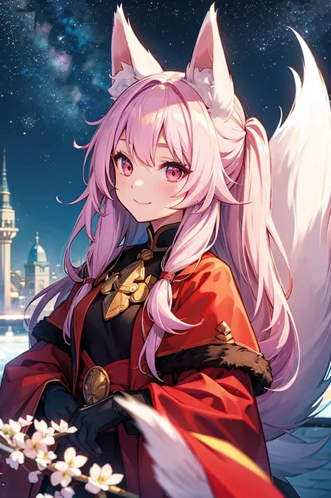  1 girl, fur on FL, fox girl, fur on FL female, fox ears,  animal ears , Nazuna_Hiwatashi,  Pink Hair,Long Hair, red eyes, (Animal Nose, triangular nose ),  fox ears, ((bushy Tail, Tail)), ( High Quality , 最 High Quality , (4K), hi res, masterpiece, beauti...