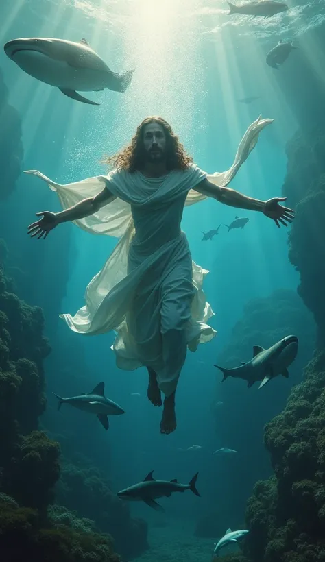 (photorealism: 1.2) beautiful Jesus Christ swimming with various sea animals