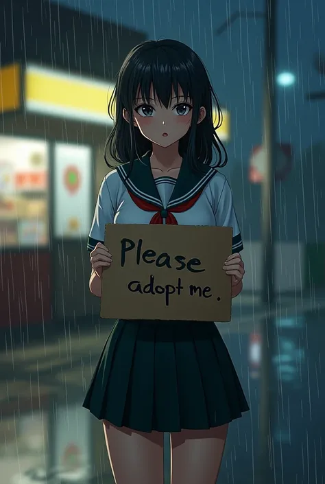 Girl, big boobs, student suit, wet, rain, stand in front of minimart, hold sign  write " please adopt me" , Night time