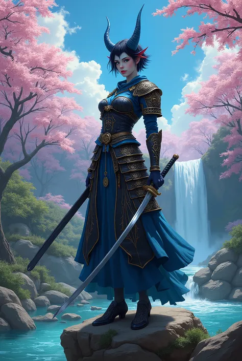 In RPG style, in style of Dungeons & Dragons, in style of fantasy painting. Full body view, Looking at the viewer. Image of a beautiful Female Tiefling, Samurai with katana and Samurai Armor. Small blue Horns. Bluish skin. Short Dark hair. Standing with bo...