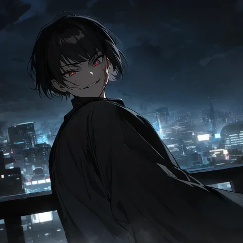  masterpiece, Alone, 1 young boy,  Asian style haircut,  black hair,  brown eyes , scar on cheek, black colored clothes, on the roof of a patio , Epic view of the city, night,  evil smile tie,  Cinematic lighting,  lyrics, Detailed