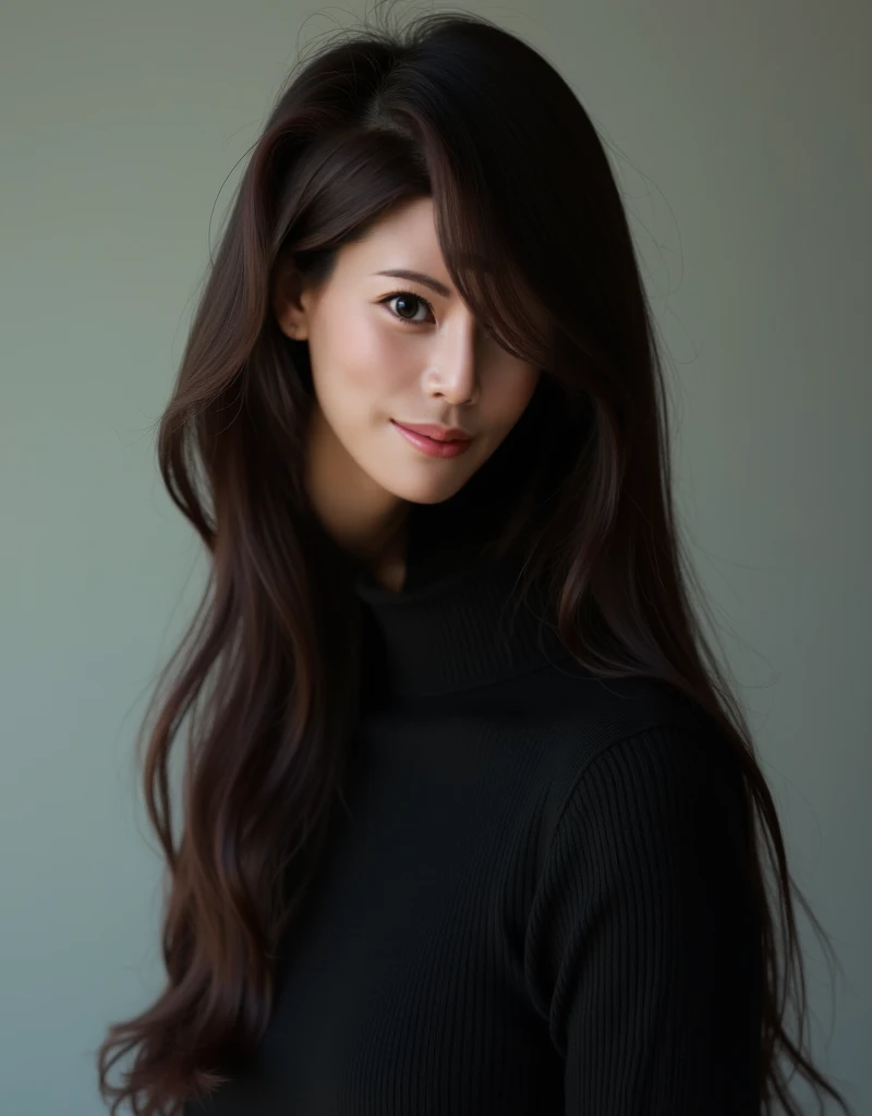 1girl, studio, headshot, medium shot, black turtleneck, dark auburn hair, long hair, straight hair, asian