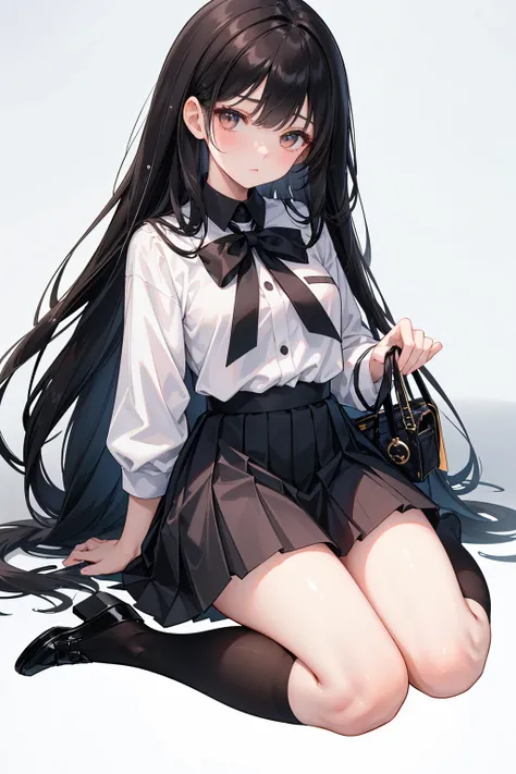  in front of a pure white background  ，  a young girl with long black hair and bright brown eyes kneels confidently on one knee， Pleated Skirt，  black high socks  ， Black leather shoes complement her simple and elegant school uniform。  She holds a majestic...