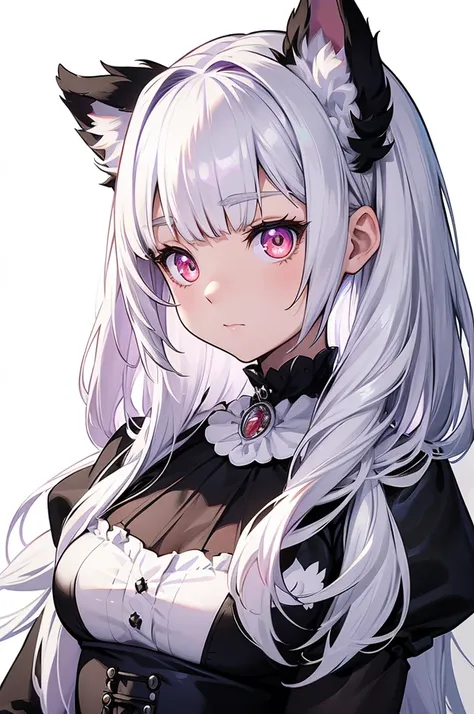 masterpiece,furiously detailed ,  absurd, 16k, a  girls, kemono, Fluffy face, glowing eyes,  shining eyes ,  Narrow eyes, Silver Eyes , (dog_ girl,  anthro  furry:1.1),( anthro _woman_dog:1.1),  fluffy fur,  flat chested,White background,  upper body,gothi...