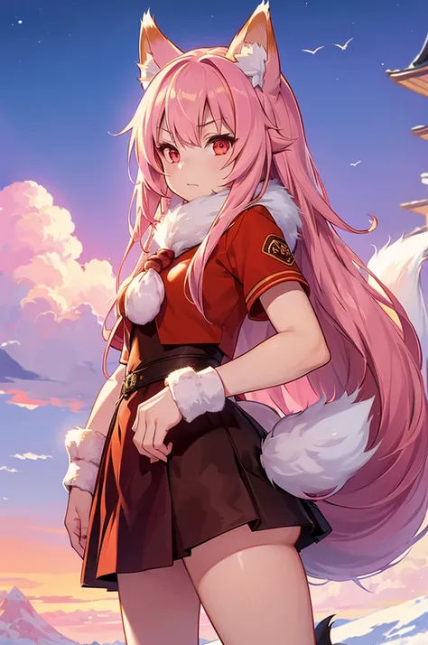  1 girl, fur on FL, fox girl, fur on FL female, fox ears,  animal ears , Nazuna_Hiwatashi, Pink Hair,Long Hair, red eyes, (Animal Nose, triangular nose ),  fox ears, ((bushy Tail, Tail)), fluffy fur, 