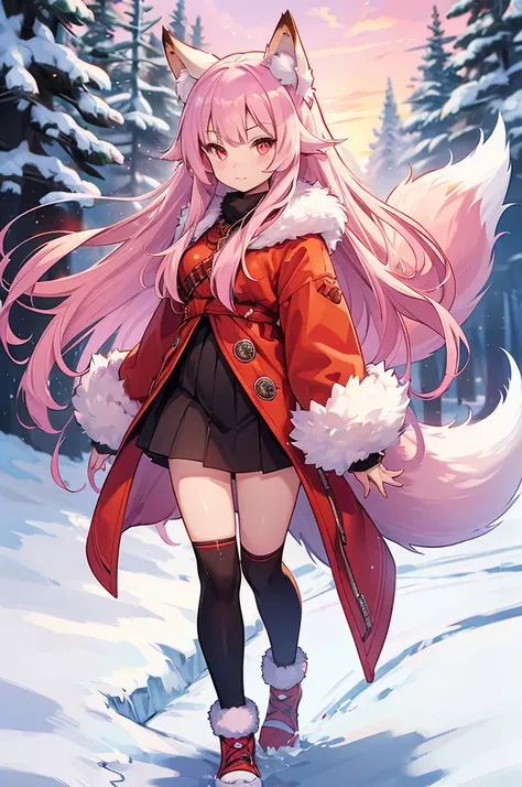  1 girl, fur on FL, fox girl, fur on FL female, fox ears,  animal ears , Nazuna_Hiwatashi, Pink Hair,Long Hair, red eyes, (Animal Nose, triangular nose ),  fox ears, ((bushy Tail, Tail)), fluffy fur, 