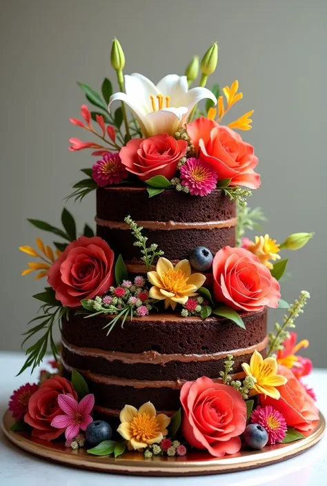 A two tier floral chocolate cake