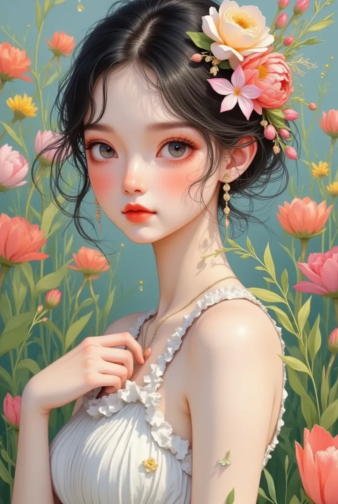 Oil painting of a girl with flowers in her hair,  A detailed painting by Yang Jianjun, , Lovely realistic portrait , 可爱的数字艺术