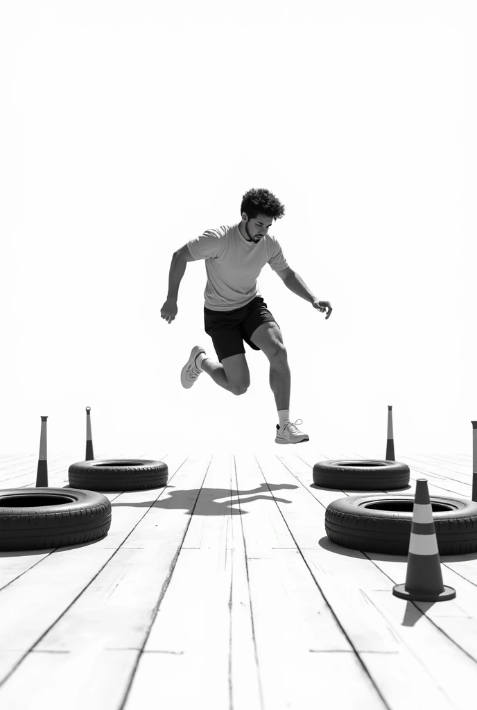 Create an image of ren jumping over obstacles such as tires and cones that this is the black and white image of non-young ren and easier to draw 