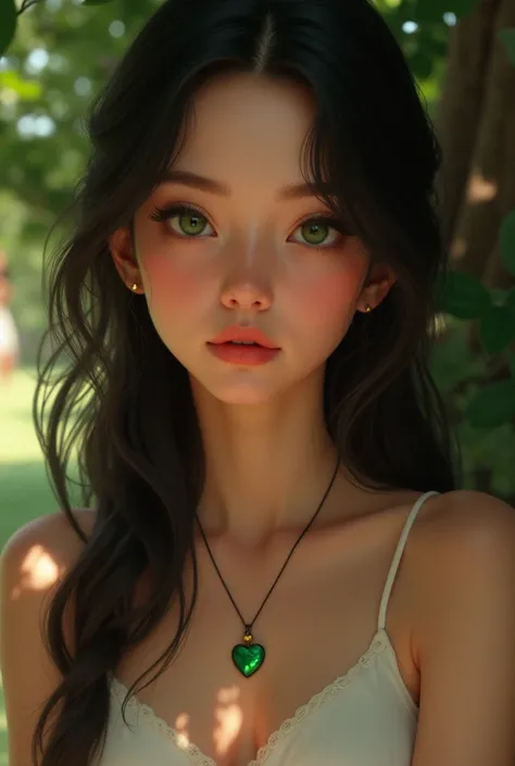 Beautiful girl with black hair and green eyes and who has a green heart necklace in the background of a girl with a baquita 