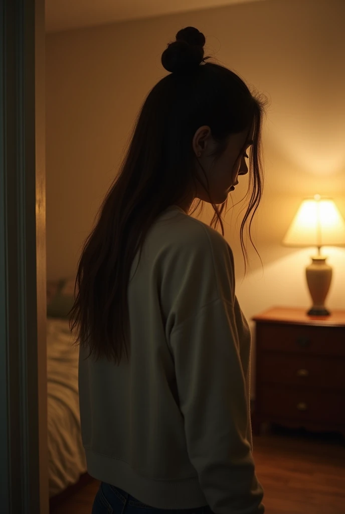 A woman with long hair, gathered in a bun,  entering her empty apartment ,  with droopy shoulders and an exhausted expression .  wears comfortable clothes ,  but her face reflects a deep sadness .  The warm light of a lamp softly illuminates the room, high...