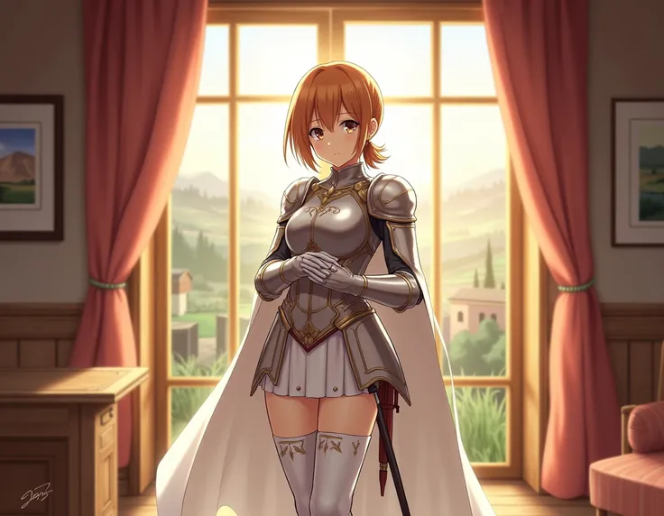 Asuna, Asuna_(Star), (1 Girl, alone) ,fantasy,  high resolution, No.19,  original, (Worn in a sheath at the waist:1.3),  Smile, (White Knight Wizard Cape:1.5), Short hair,  medium breasts,  looking at the audience ,  bangs , Dark brown eyes,  beautiful bac...