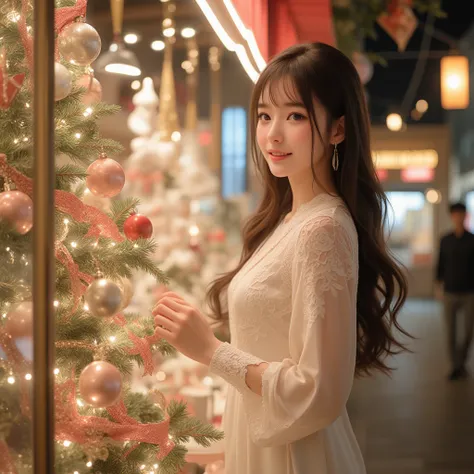  ultra high resolution、 super high definition 。 give an elegant and fantastic look perfect for the festive season {x} stand in front of a fantastic and beautifully lit Christmas shop window、like々 a stunning 19-year-old with 。The shop window is 、Twinkling l...