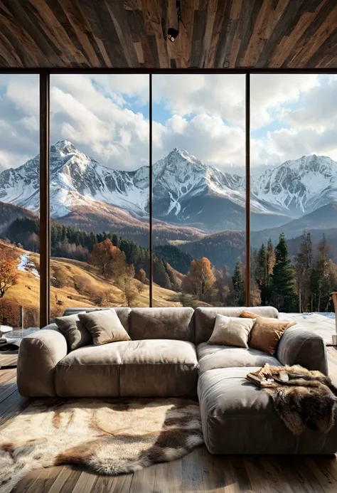 There is a right-facing sofa with a mountain view in front of the window,  furry sofa，The sofa is reclining ， soothing and pleasant landscape , cloudy day, Relaxing environment,  cozy place ,8khdr