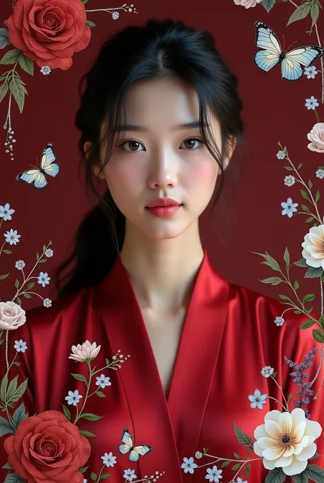 A photo of a beautiful asian woman looking at the camera. dark hair tied back. wearing a dark red modern luxurious blouse, The background is dark red elegantly decorated with red roses, soft white and blue flowers, and vibrant butterflies. The design is fr...