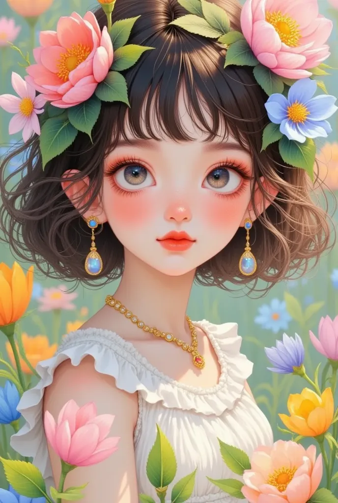 oil painting of a girl with flowers in her hair, a digital painting inspired by cheng yanjun, artstation, fantasy art, artstrati...