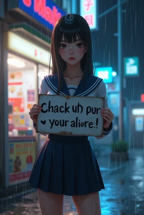 Girl, big boobs, university uniform, rain, stand in front of minimart, hold sign  write " please adopt me" , Night time, Gal girl