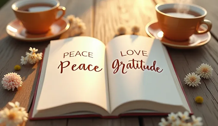 
 " An image from the open gratitude journal ,  with words like peace ,  love and gratitude written on pages . Around the diary, there are simple objects ,  like a cup of tea and flowers ,  that represent the abundance of everyday blessings.  The image mus...