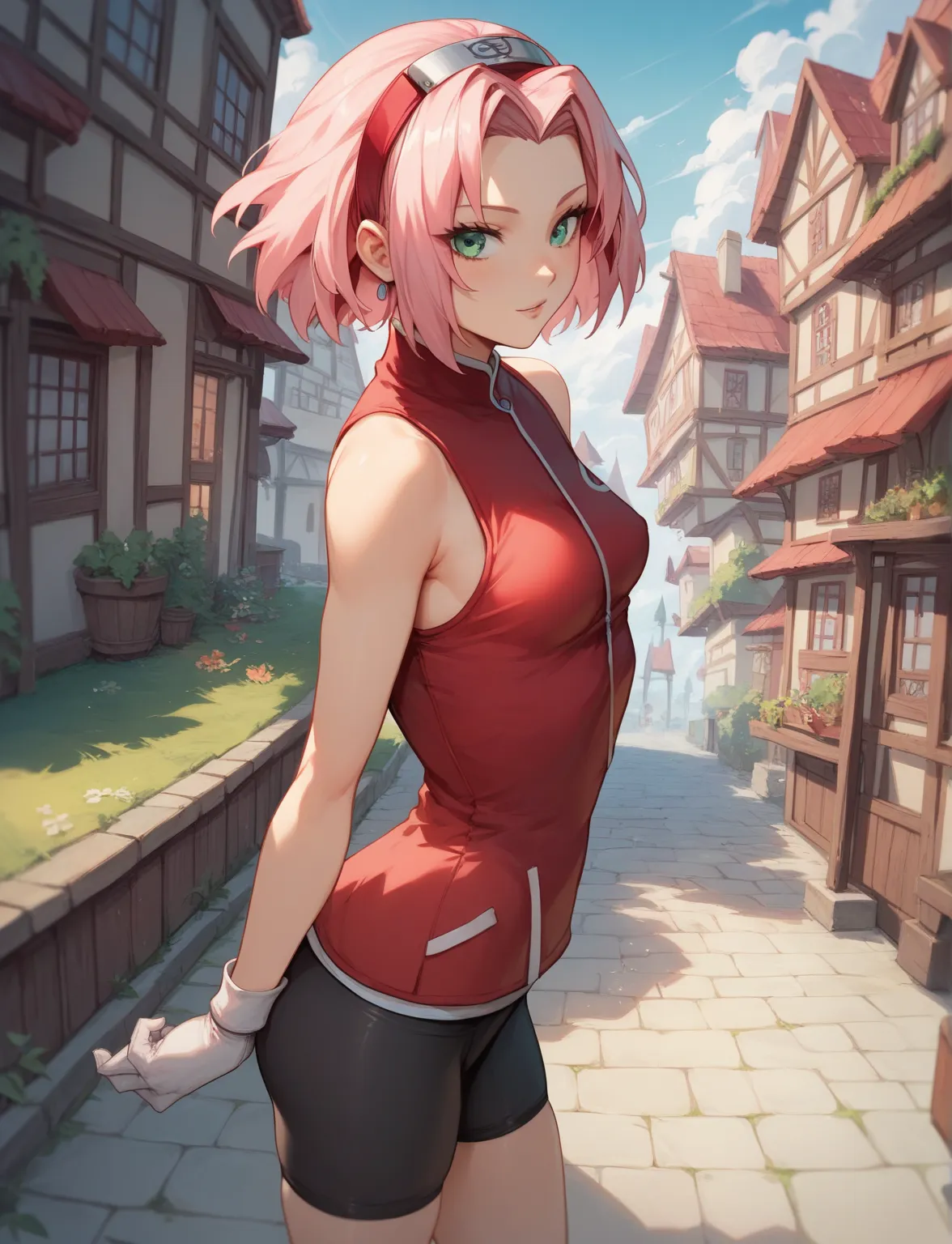 masterpiece, best quality, 1woman, 1girl, anime artworks, haruno sakura, pink hair, short, hair, green eyes, forehead, ((young f...