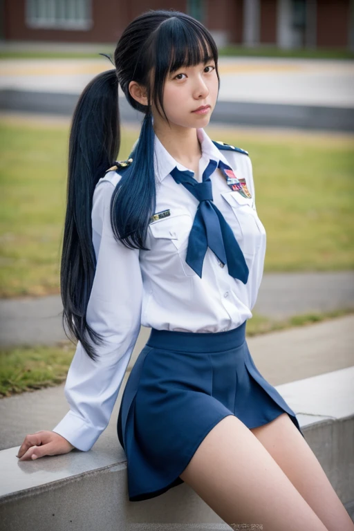  1 girl, Alone, Laura. Alseid (Long dark blue hair,  ponytail and side bangs ,  small breasts), ( inspired by the Cold Steel series) Showing panties in uniform, At military school,  embarrassed 