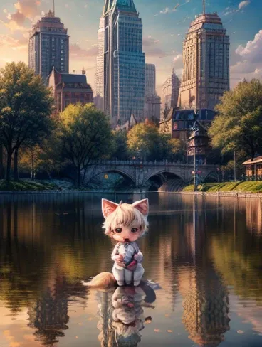 (masterpiece:1.2,Illustration， best quality, ultra high resolution, Very detailed),((The city reflected on the surface of the water))，(cute、Chibi character,Baby kitsune),8k, 