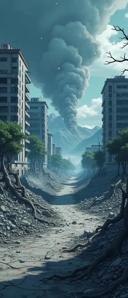  A completely destroyed by Shinra Tensei , with debris scattered everywhere.  Large buildings are in ruins ,  with pieces of concrete and twisted metal thrown across the ground .  Trees have been uprooted ,  with broken trunks and scattered branches .  The...