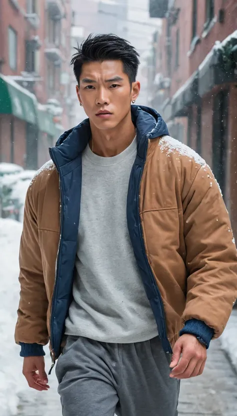 A tan-skinned, taller,young,muscular Japanese man with a fierce, streetwise look, wearing a stylish jacket and baggy sweatpants. He has a sharp, short hairstyle that enhances his tough appearance as he confidently walks through a snowy urban landscape, wit...