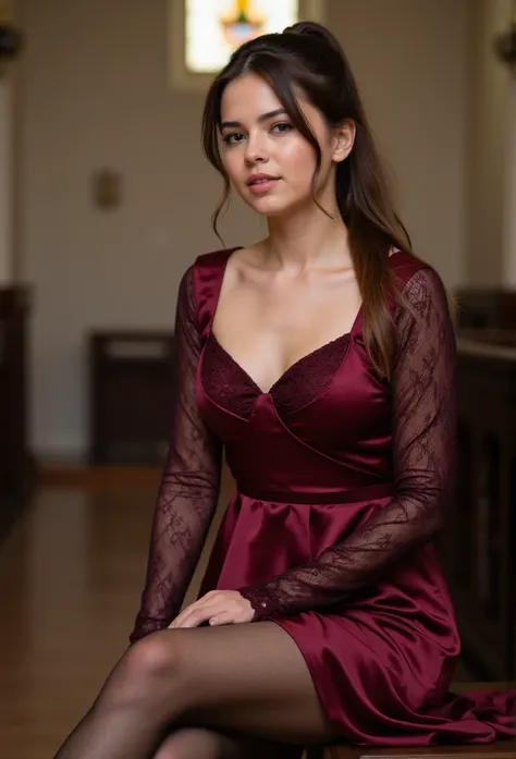 young brunette woman, beautiful eyes. long brown hair with ponytail. kneelengh dress in burgundy metallic satin with lace sleeves, Tights, transparent lip gloss, narrow building, Pretty, 2, Full body photo, long legs, Satin top, Sitting in a church and loo...