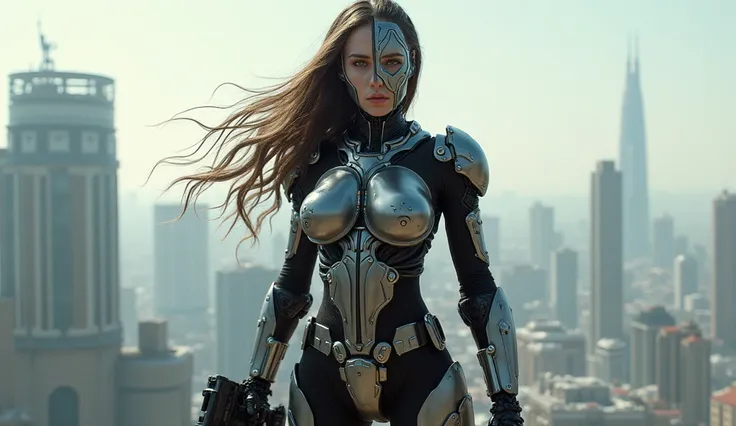 Cyborg, terminator, young woman,  part of face - iron mask , hair - hoses , armor, blaster, background - tech city 