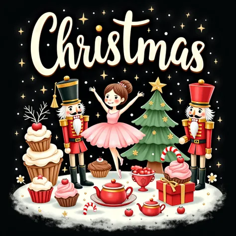 black background,rustic,playful,light hearted,bright watercolorart t-shirt design featuring center illustration close together of Nutcracker soldiers,Sugarplum Fairy ballerina,cupcakes,candy canes,a Christmas trees,presents,cookies,and teapots.Add phrase "...