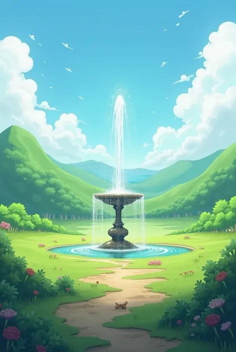 In a no crop land a fountain is founded with water sprinkles