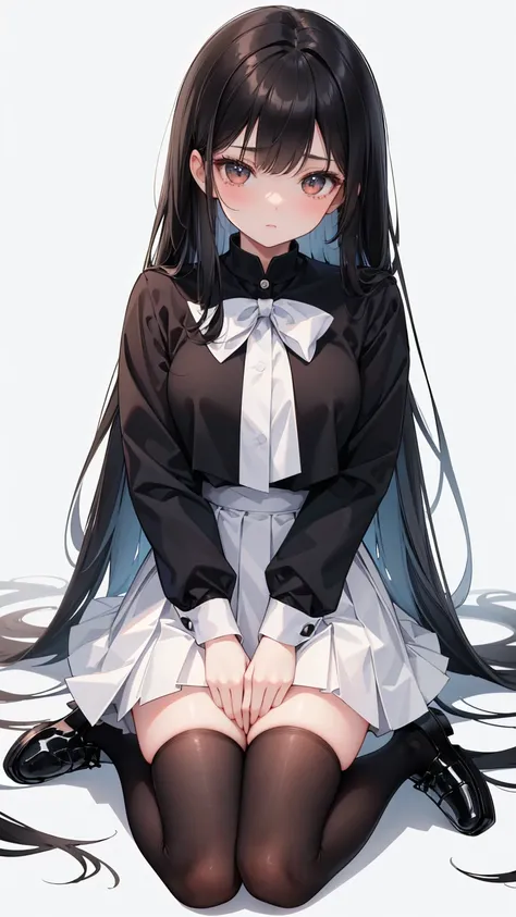  in front of a pure white background  ，  a young girl with long black hair and bright brown eyes kneels confidently on one knee， Pleated Skirt，  black high socks  ， Black leather shoes complement her simple and elegant school uniform。  She holds a majestic...