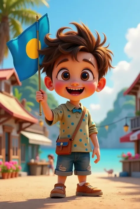 Create a pixar type character of a boy holding a flag of the republic of palau the blue flag with a yellow circle in the middle