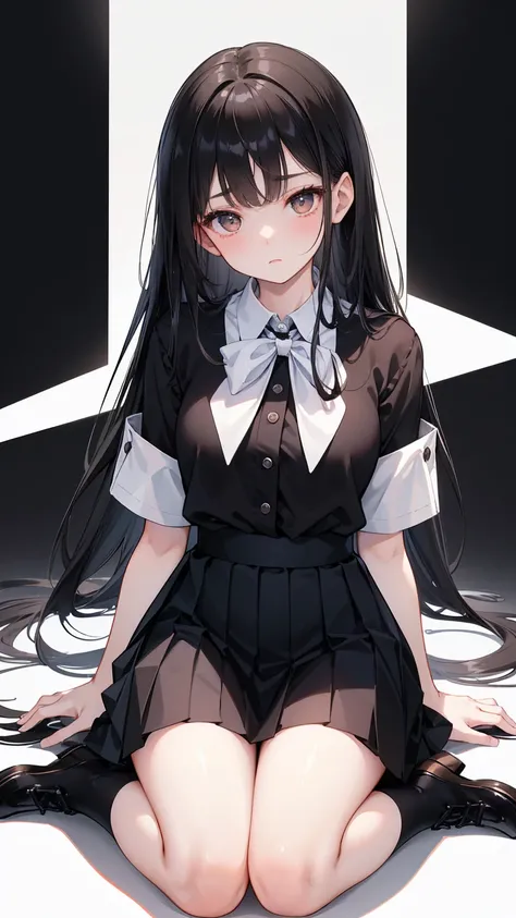  in front of a pure white background  ，  a young girl with long black hair and bright brown eyes kneels confidently on one knee， Pleated Skirt，  black high socks  ， Black leather shoes complement her simple and elegant school uniform。  She holds a majestic...