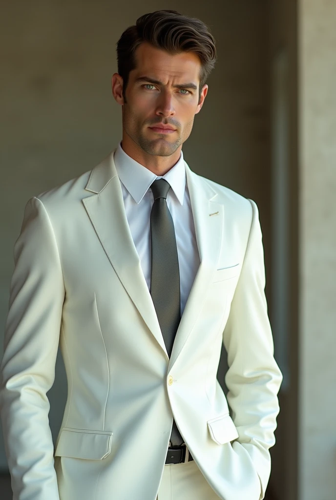 A man in a white suit with green eyes 