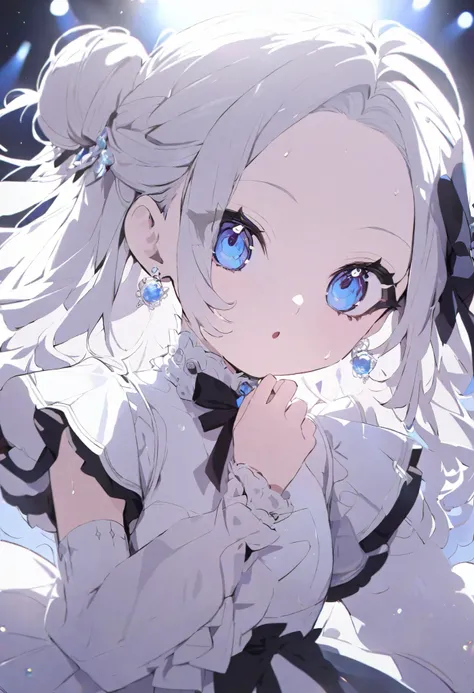 (( best quality)), ((masterpiece)), ( Familiar ),  perfect face, 1 girl, half up bun, twin hair, bob hair, pearl white hair, white hair, white and black, idol dress, cute, beautiful emphasis, long sleeves, fluffy puff sleeves, blue eyes, young face, eye ci...