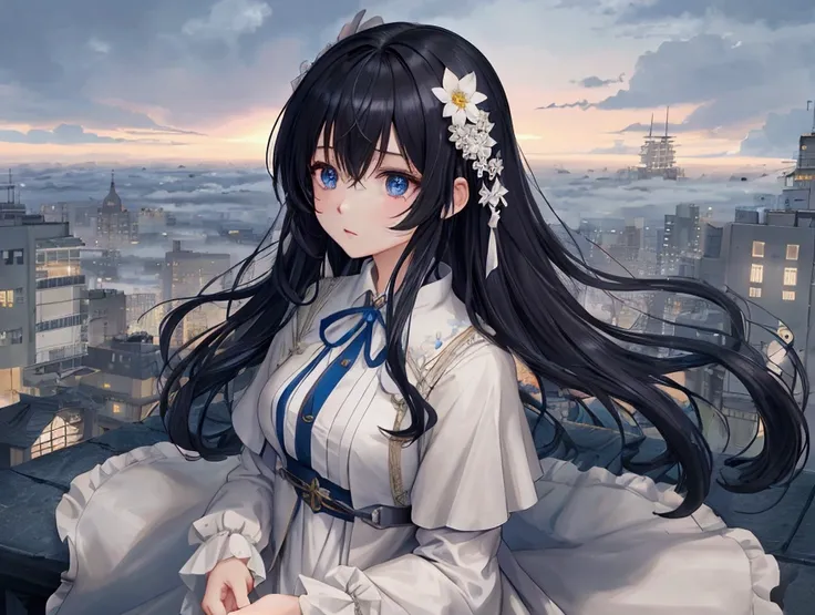  Anime Style Protagonist 、Black-haired、Composition of a birds-eye view of a uniform 、Cloudy,Thick Fog、moon,Chaotic city of the future、dystopian、dim lighting、Chaotic、Beautiful and fantastic scenery、 cinematic landscape、 High Quality 、masterpiece,In 8K、 high...