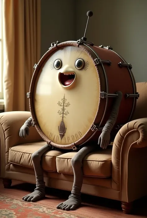 A living concert bass drum sitting on a couch