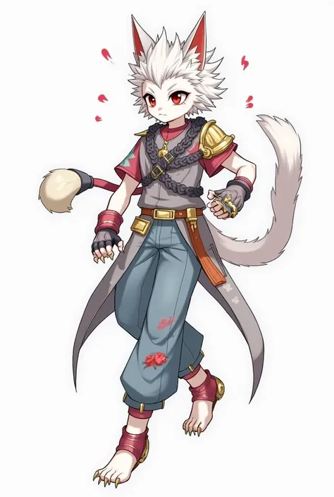 kogenta (onmyou taisenki), 1boy, animal ears, cat ears, tail, furry male, red eyes, white hair, facial mark, spiked hair, multicolored hair, white_skin,
claws, fingerless gloves, armor, jingle bell, tail ornament, shoulder armor, pants, rope, jewelry, ankl...