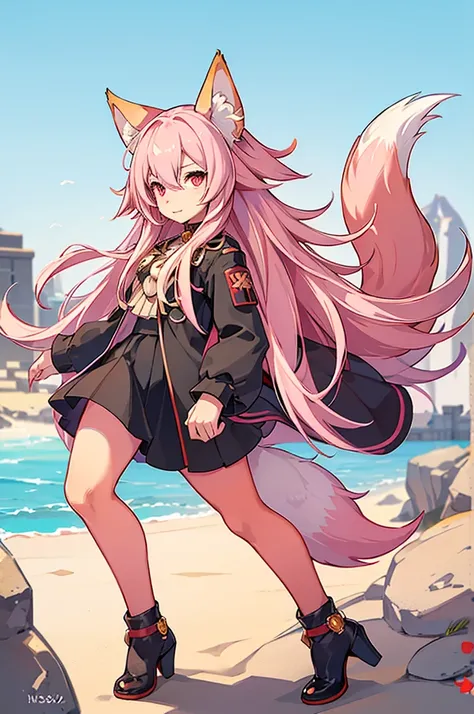  1 girl, fur on FL, fox girl, fur on FL female, fox ears,  animal ears , Nazuna_Hiwatashi, Pink Hair,Long Hair, red eyes, (Animal Nose, triangular nose ),  fox ears, ((bushy Tail, Tail)), fluffy fur