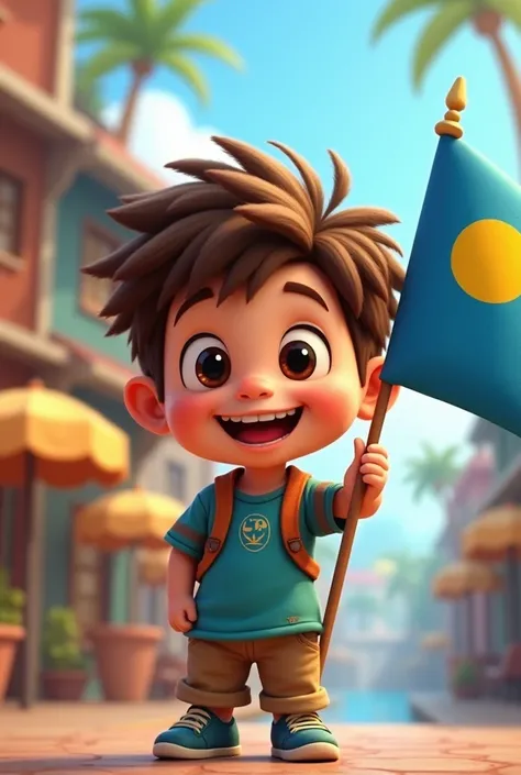 Create a pixar type character of a boy holding a flag of the republic of palau the blue flag with a yellow circle in the middle