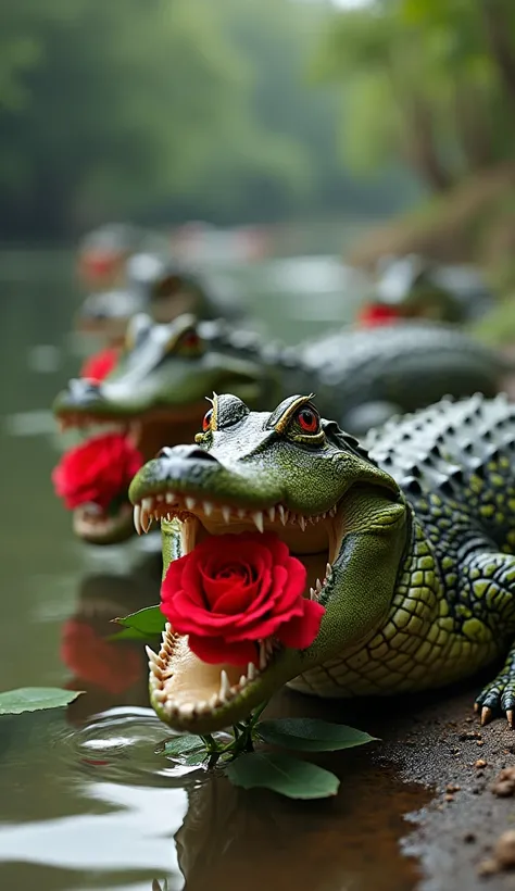  On the quiet riverbank ,  a group of crocodiles with tanned green scales shining in the sun ,  walks gracefully with unexpected steps . Each of those crocodiles ,  which usually looks fierce and terrifying ,  now holds a bright red rose flower in its mout...