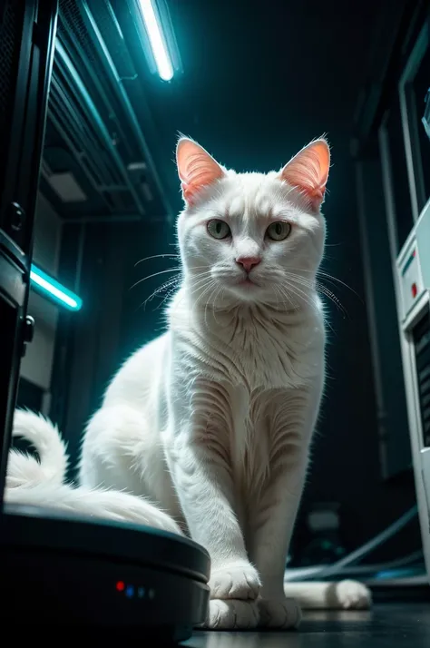 a white cat, parallel universe, alien technology, detailed feline, sharp focus, cinematic lighting, neon colors, futuristic atmosphere, intricate mechanisms, advanced gadgets, surreal landscape, photorealistic, 8k, best quality, masterpiece
