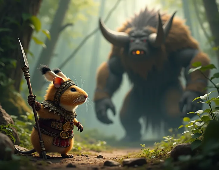 In a forest, an angry guinea pig, dressed as an Inca warrior, armed with a spear, faces a large monster
