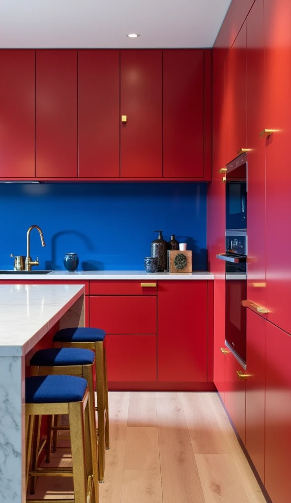 A modern kitchen with bold red cabinets, gold hardware, and a royal blue backsplash. The countertops are white quartz, creating a clean, luxurious contrast. Built-in appliances maintain a sleek look, and the island features golden barstools with blue cushi...