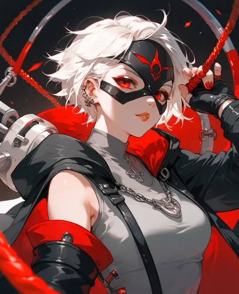 Girl, short white hair, piercing red eyes, wearing black half mask and a black cloak and bandolier with various knives on it, wearing grey shirt, and a device on her arm with a spool of steel wire connecting to her fingertips and up her arm