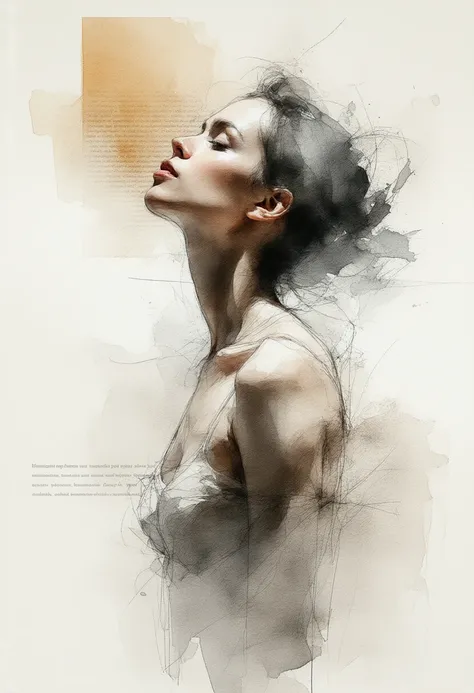 Watercolor sketch ,  with thick and crossed lines , work of art. of a woman  , limelight. 
The gray sketch skin .  High resolution,   masterpiece,  High resolution, Líneas de movimiento,  The best quality ,  tall details,  text,  beige sketch .