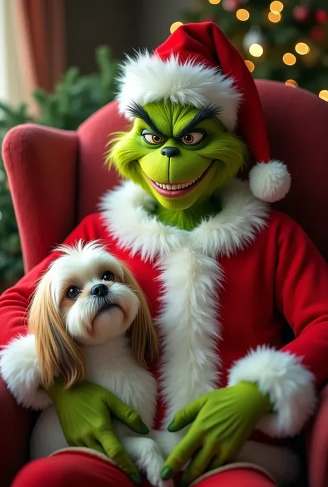 Grinch smiling dressed as Santa Claus sitting on a red chair accompanied by a long-haired white Shitzu dog with brown spots on his ears in a Christmas atmosphere 