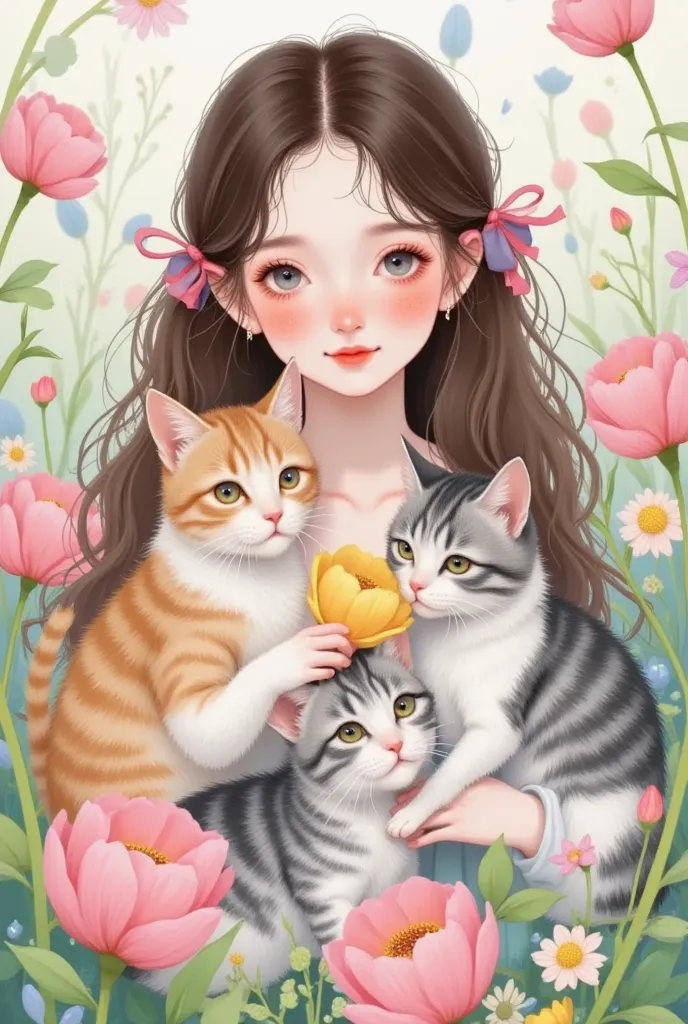 a painting with a girl and two cats and a cat,   lovely detailed artwork , author：ni duan, author：unbelievable, very beautiful a...